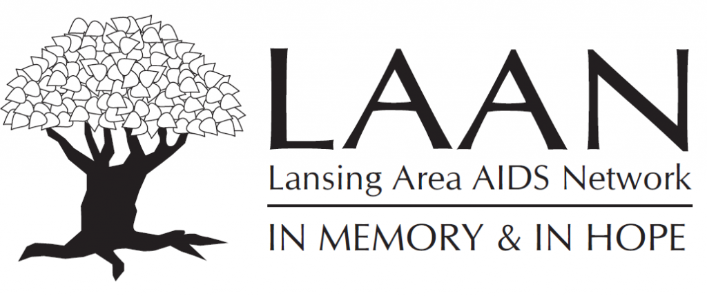 A black and white graphic of a tree with many leaves next to text that reads: LAAN Lansing Area AIDS Network In Memory and In Hope