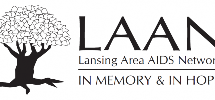 A black and white graphic of a tree with many leaves next to text that reads: LAAN Lansing Area AIDS Network In Memory and In Hope